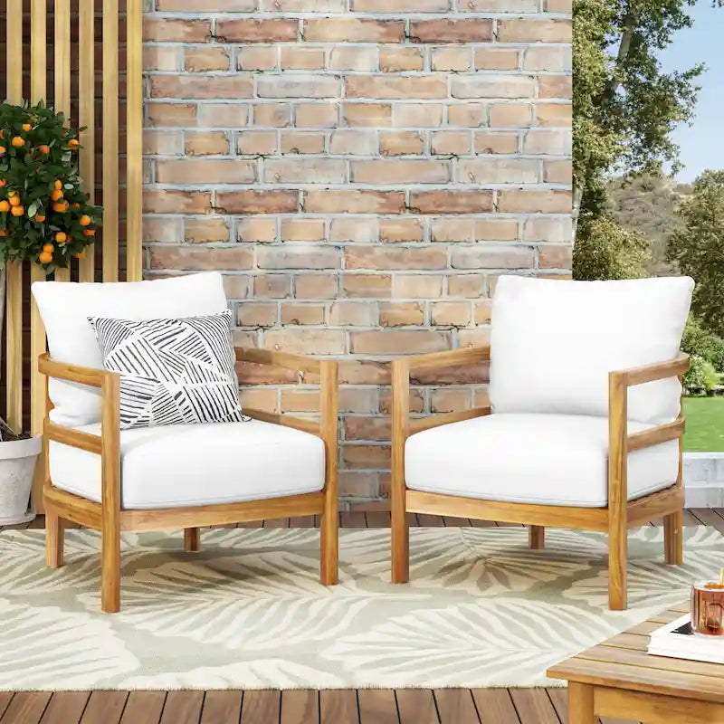 Roomfitters Set of 2 Acacia Wood Patio Club Chairs with Waterproof Cushions, Deep Seating for Outdoor Use, Teak+Beige