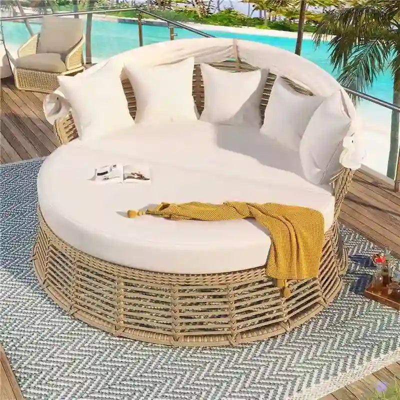 Outdoor Patio Rattan Round Daybed with Retractable Canopy