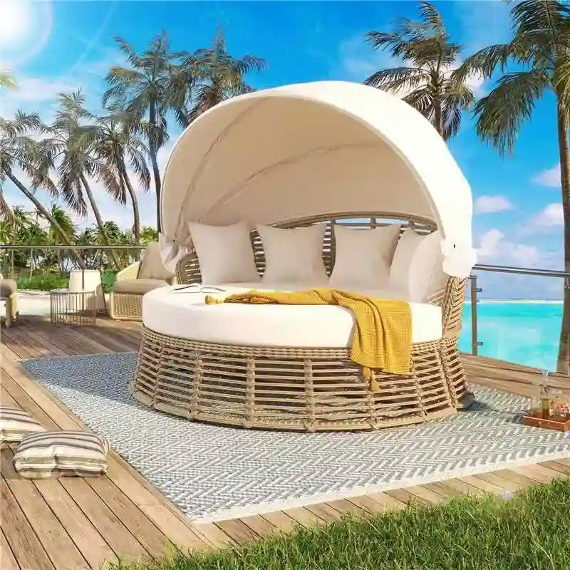 Lit de repos rond en rotin pour patio extérieur avec auvent rétractable