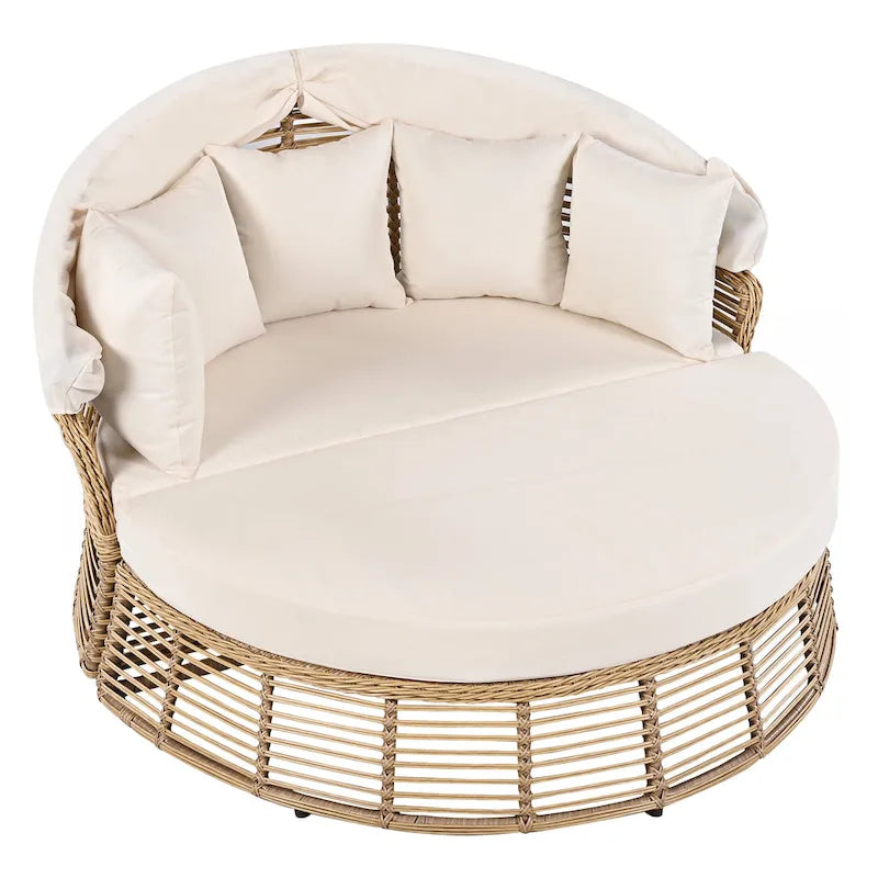 Lit de repos rond en rotin pour patio extérieur avec auvent rétractable