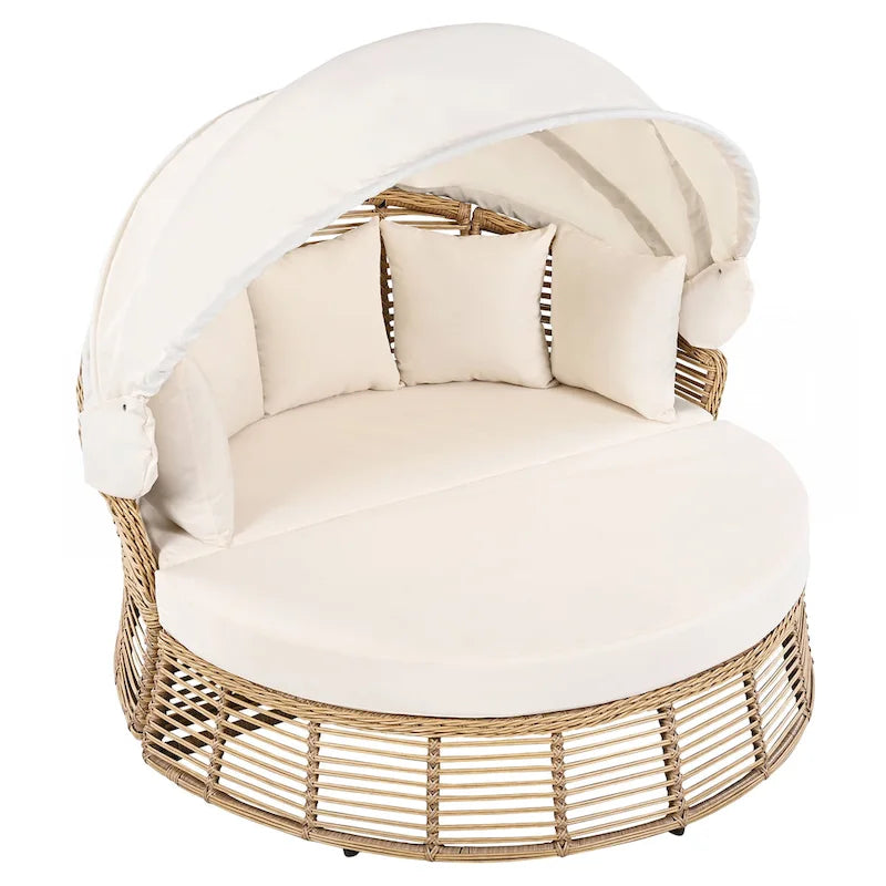 Lit de repos rond en rotin pour patio extérieur avec auvent rétractable