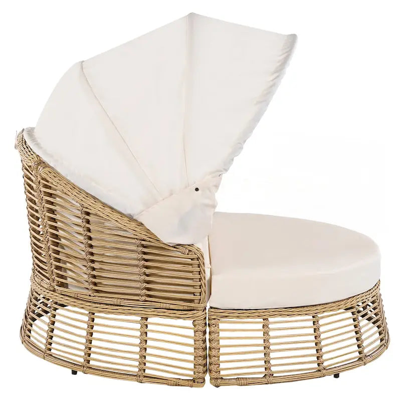 Lit de repos rond en rotin pour patio extérieur avec auvent rétractable