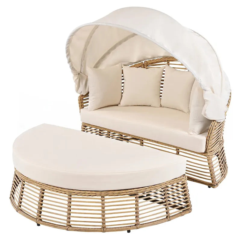 Lit de repos rond en rotin pour patio extérieur avec auvent rétractable