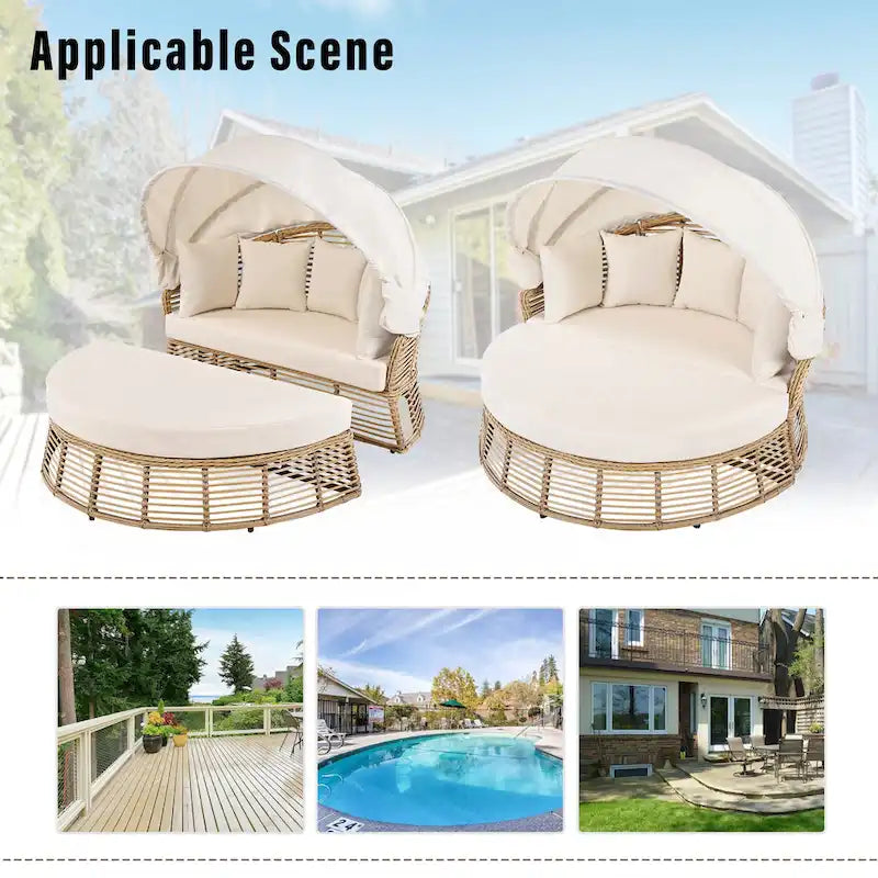 Lit de repos rond en rotin pour patio extérieur avec auvent rétractable