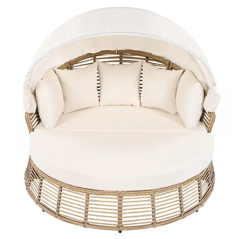 Lit de repos rond en rotin pour patio extérieur avec auvent rétractable