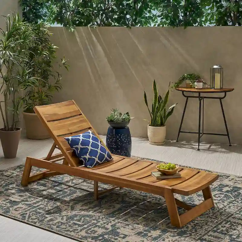 Maki Chaise Lounge Yellow Brown Acacia Wood Adjustable Outdoor Patio Furniture with Metal Frame 78in