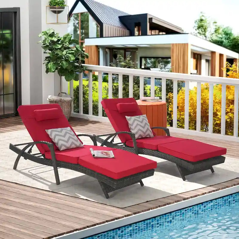 Outdoor Wicker Long Reclining Chair Set of 2 with Cushions