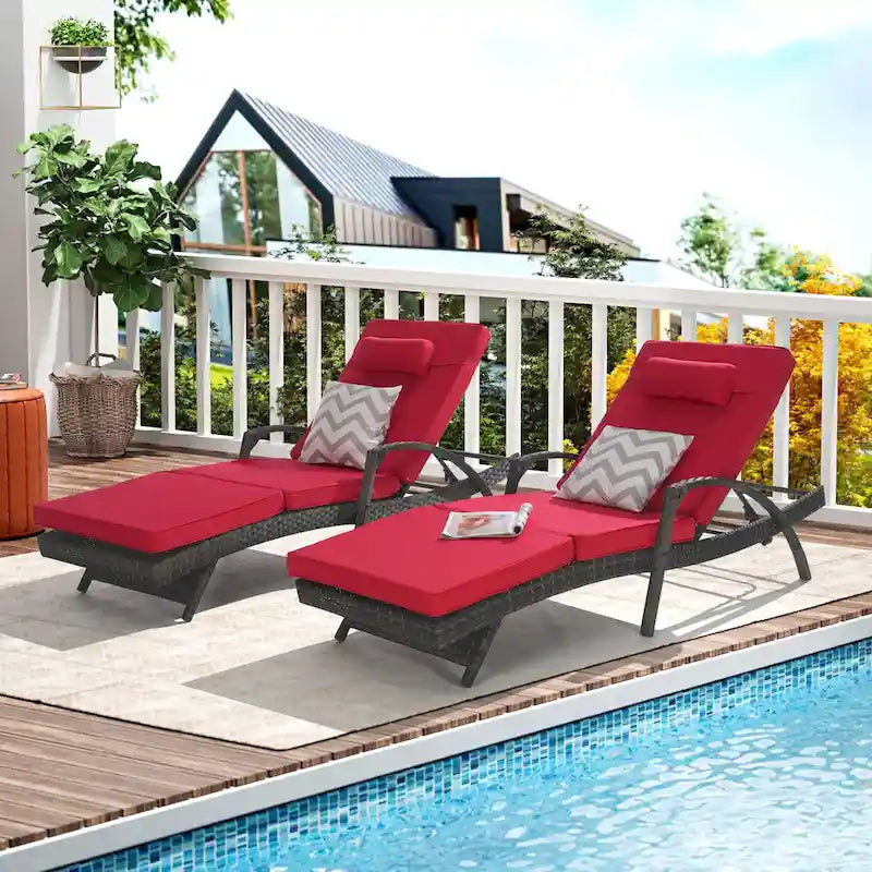 Lot de 2 chaises longues inclinables en osier d'extérieur avec coussins