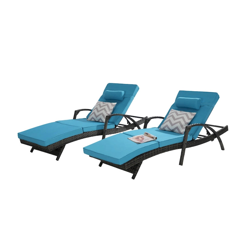 Lot de 2 chaises longues inclinables en osier d'extérieur avec coussins