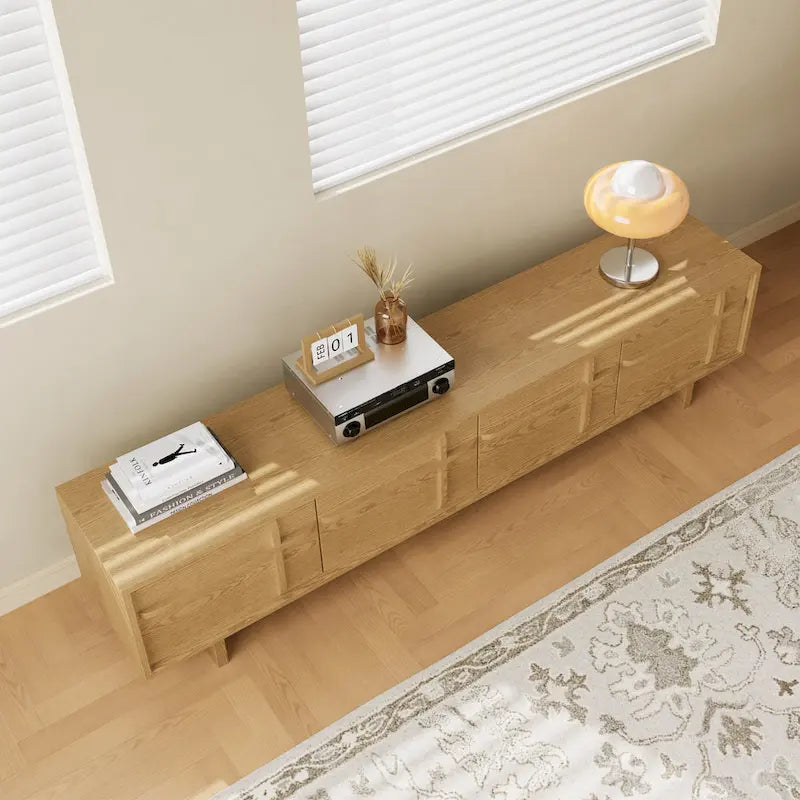 78,74 Meubles TV modernes, texture bois naturel, console multimédia avec 4 armoires, placage bois massif, entièrement assemblé - 78,87