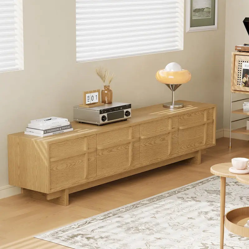 78,74 Meubles TV modernes, texture bois naturel, console multimédia avec 4 armoires, placage bois massif, entièrement assemblé - 78,87