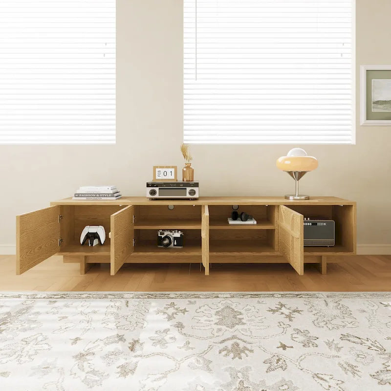 78,74 Meubles TV modernes, texture bois naturel, console multimédia avec 4 armoires, placage bois massif, entièrement assemblé - 78,87