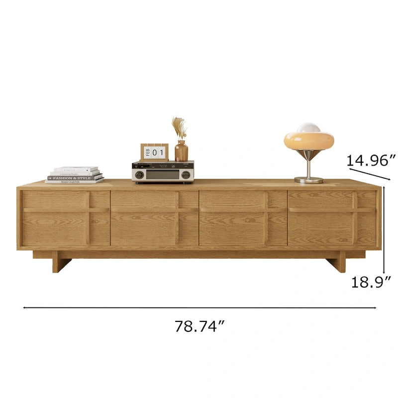 78,74 Meubles TV modernes, texture bois naturel, console multimédia avec 4 armoires, placage bois massif, entièrement assemblé - 78,87