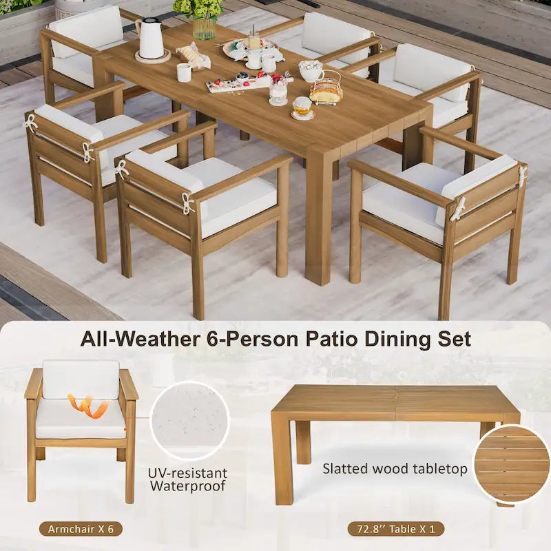 Ensemble de salle à manger d'extérieur 7 pièces pour 6 personnes, avec table rectangulaire de 185 cm