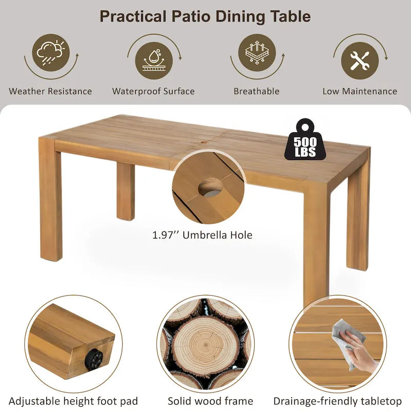 Ensemble de salle à manger d'extérieur 7 pièces pour 6 personnes, avec table rectangulaire de 185 cm