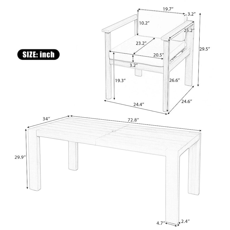 Ensemble de salle à manger d'extérieur 7 pièces pour 6 personnes, avec table rectangulaire de 185 cm
