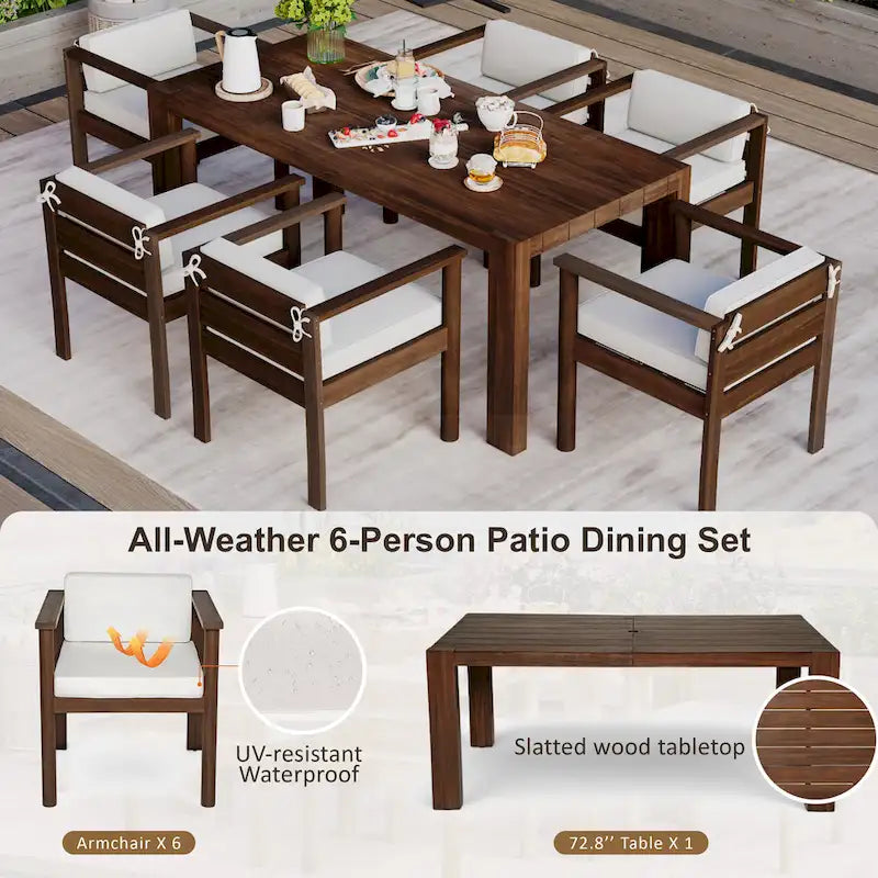 Ensemble de salle à manger d'extérieur 7 pièces pour 6 personnes, avec table rectangulaire de 185 cm