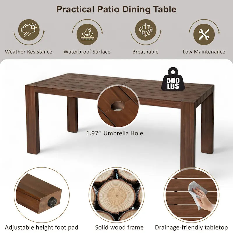 Ensemble de salle à manger d'extérieur 7 pièces pour 6 personnes, avec table rectangulaire de 185 cm