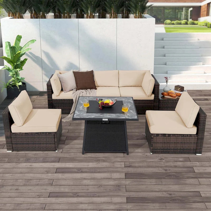 Ensemble de mobilier de patio Costway 7 pièces avec table foyer au propane de 35 pouces - Voir les détails
