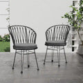 Lot de 2 chaises TAVON avec coussins, en rotin PE gris et fer, mobilier de jardin extérieur style bohème industriel
