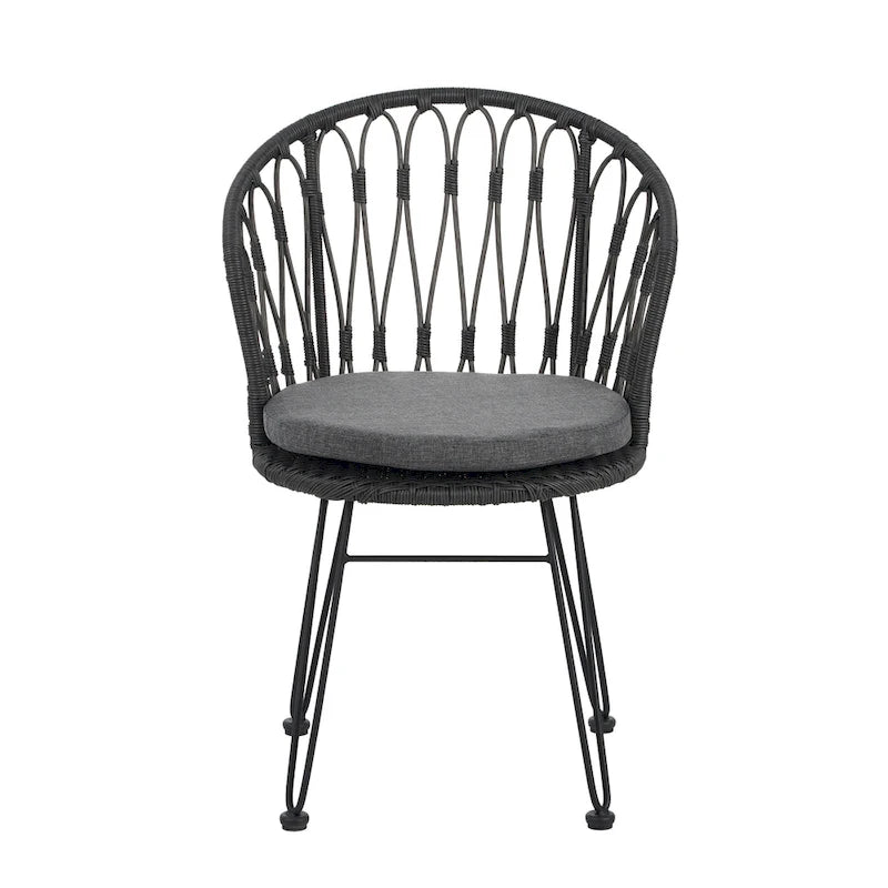 Lot de 2 chaises TAVON avec coussins, en rotin PE gris et fer, mobilier de jardin extérieur style bohème industriel