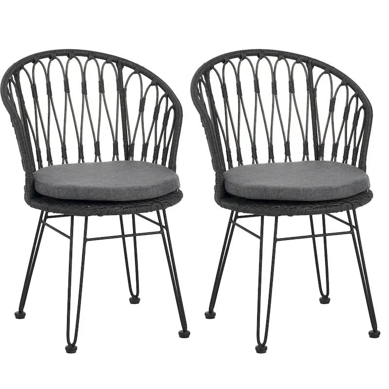 Lot de 2 chaises TAVON avec coussins, en rotin PE gris et fer, mobilier de jardin extérieur style bohème industriel