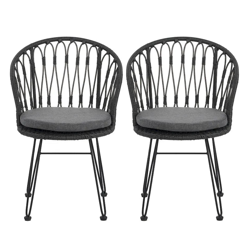 Lot de 2 chaises TAVON avec coussins, en rotin PE gris et fer, mobilier de jardin extérieur style bohème industriel