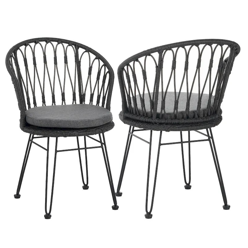 Lot de 2 chaises TAVON avec coussins, en rotin PE gris et fer, mobilier de jardin extérieur style bohème industriel