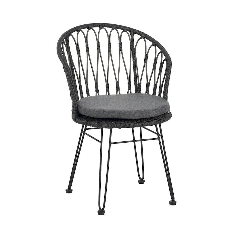 Lot de 2 chaises TAVON avec coussins, en rotin PE gris et fer, mobilier de jardin extérieur style bohème industriel