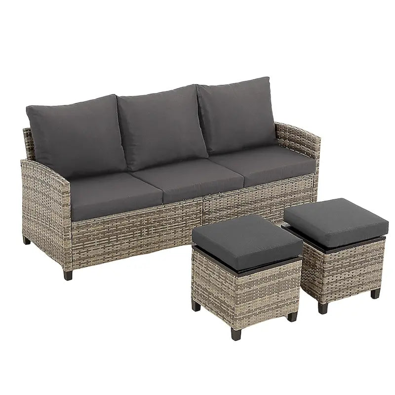 Canapé d'extérieur en osier 3 places 5 pièces avec coussins gris