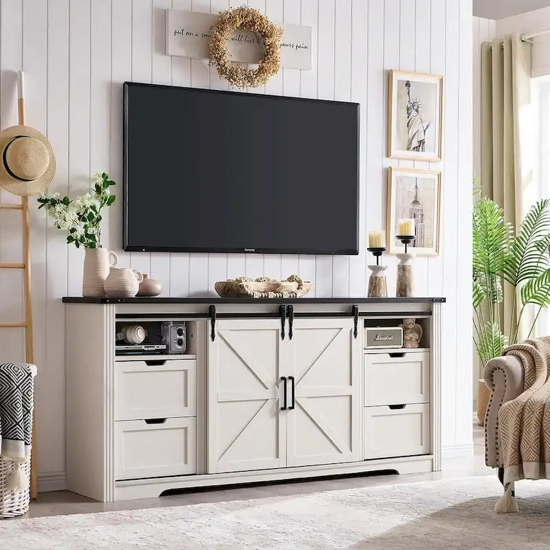 Meuble TV de ferme de 32 po de haut pour téléviseur de 80 po, meuble de divertissement en bois
