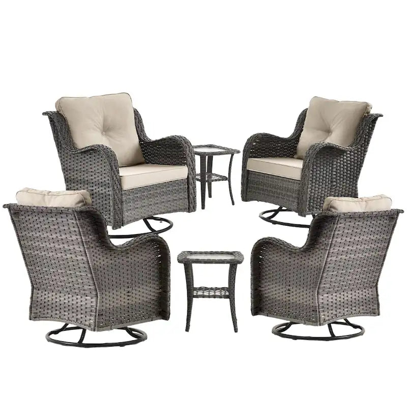 Ensemble de mobilier de jardin en osier 6 pièces avec fauteuils pivotants à bascule