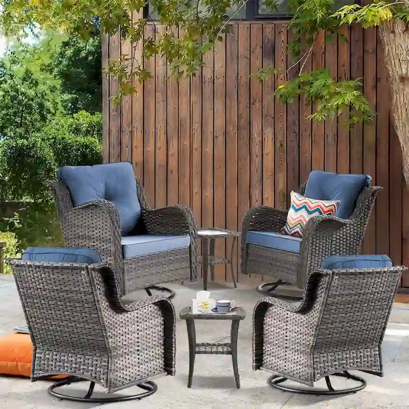 Ensemble de mobilier de jardin en osier 6 pièces avec fauteuils pivotants à bascule