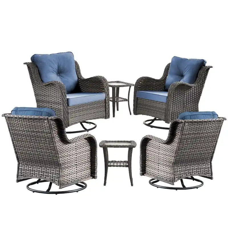 Ensemble de mobilier de jardin en osier 6 pièces avec fauteuils pivotants à bascule