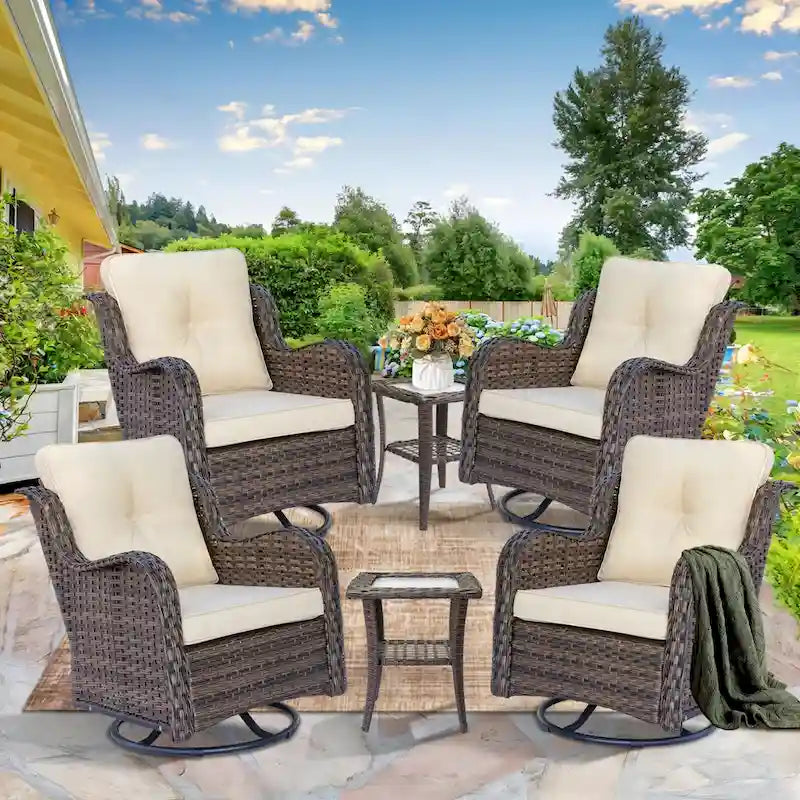 Ensemble de mobilier de jardin en osier 6 pièces avec fauteuils pivotants à bascule