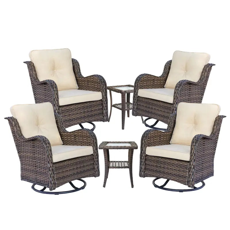 Ensemble de mobilier de jardin en osier 6 pièces avec fauteuils pivotants à bascule