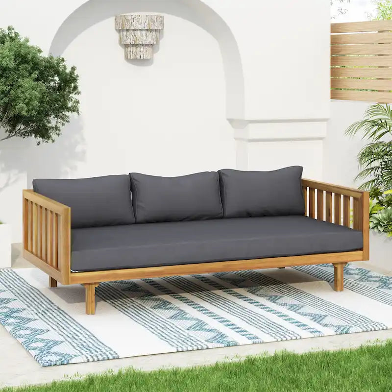 Lit de repos 3 places avec cadre en bois d'acacia, coussins résistants à l'eau, chaise longue d'extérieur