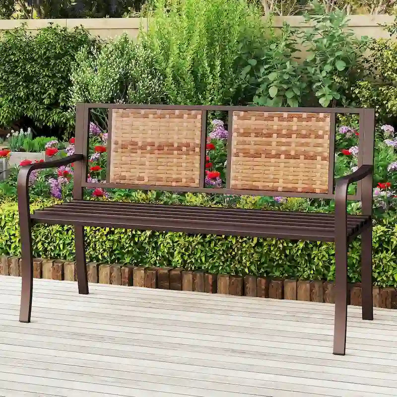 Costway Patio Garden Bench Steel Frame Rattan Backrest Park Yard - 21 x 51 x 33 (L x W x H)