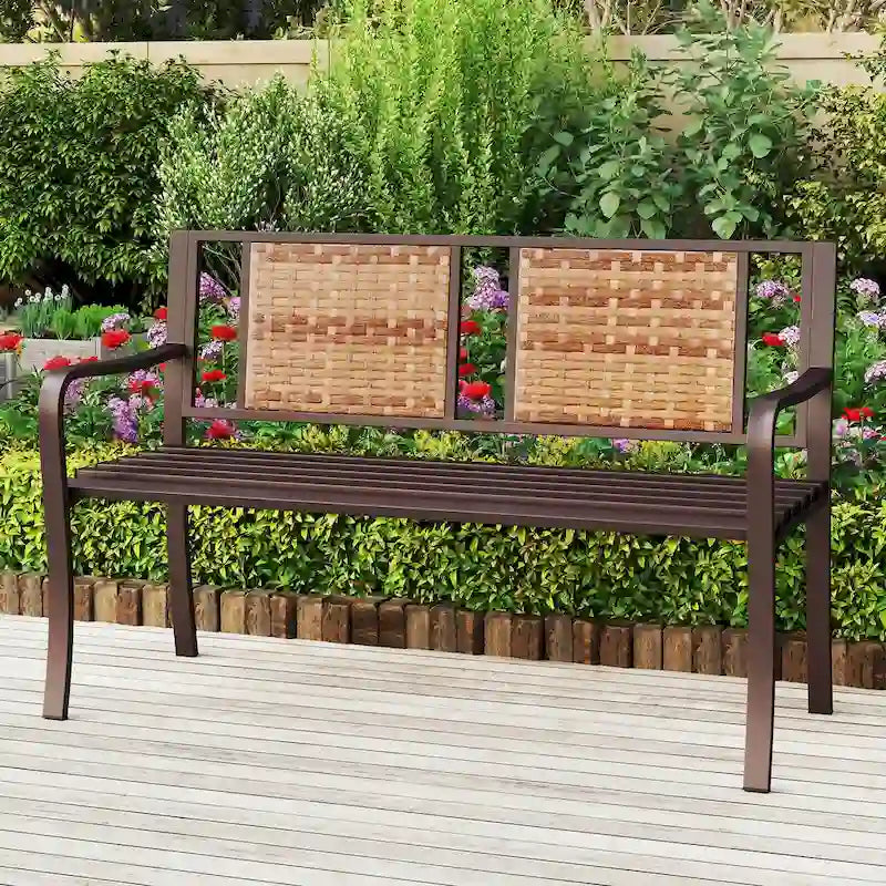 Costway Patio Garden Bench Steel Frame Rattan Backrest Park Yard - 21 x 51 x 33 (L x W x H)