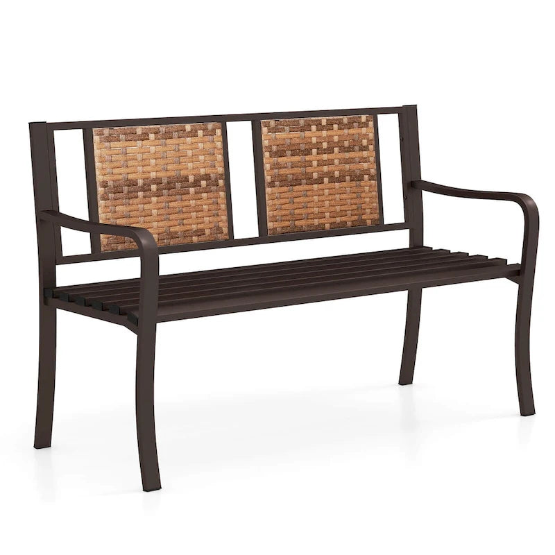 Costway Patio Garden Bench Steel Frame Rattan Backrest Park Yard - 21 x 51 x 33 (L x W x H)