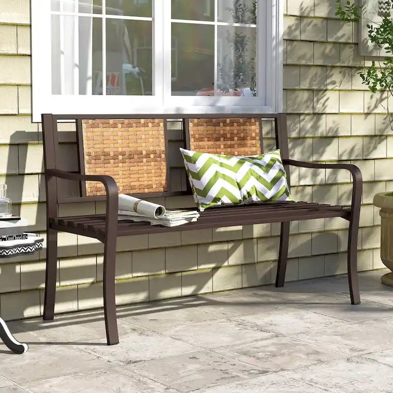Costway Patio Garden Bench Steel Frame Rattan Backrest Park Yard - 21 x 51 x 33 (L x W x H)