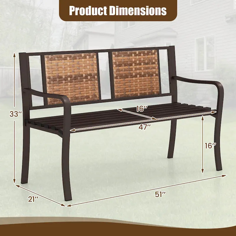 Costway Patio Garden Bench Steel Frame Rattan Backrest Park Yard - 21 x 51 x 33 (L x W x H)
