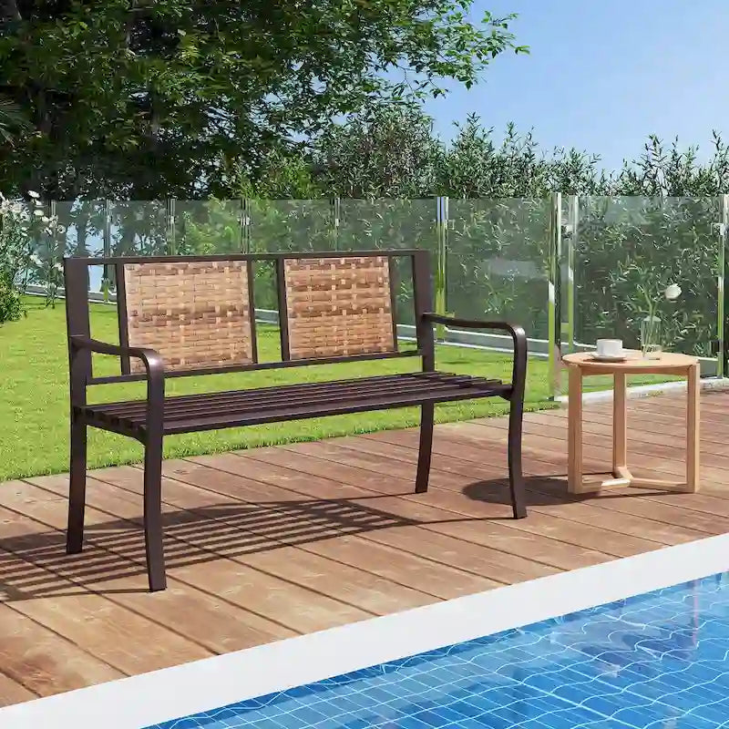 Costway Patio Garden Bench Steel Frame Rattan Backrest Park Yard - 21 x 51 x 33 (L x W x H)