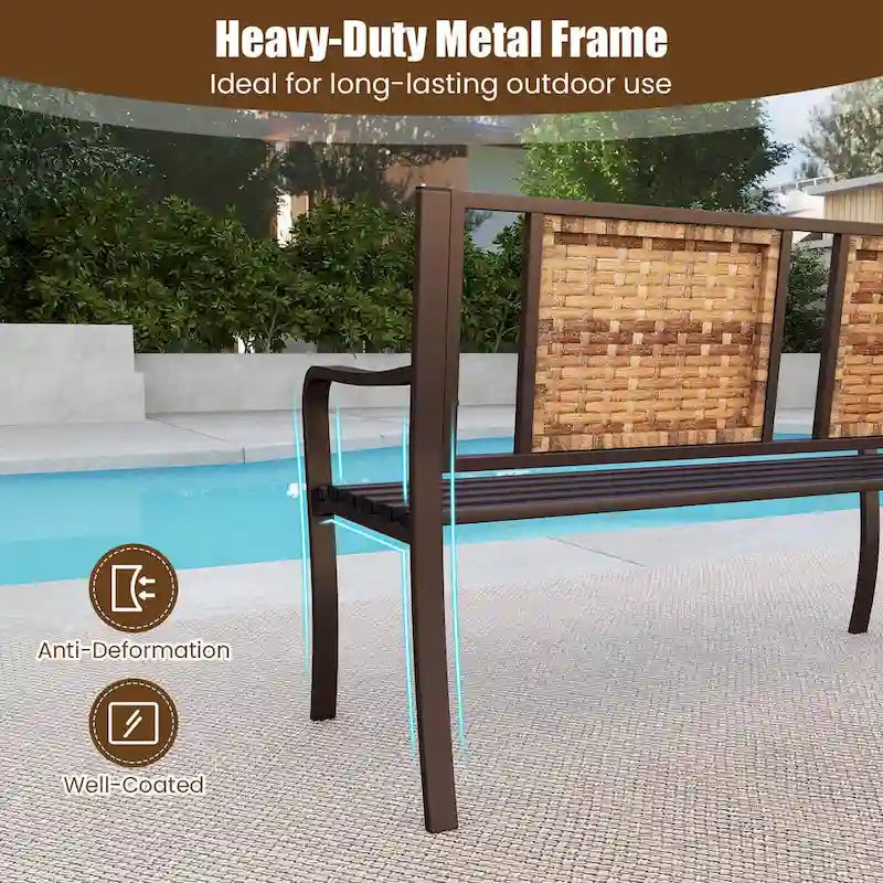 Costway Patio Garden Bench Steel Frame Rattan Backrest Park Yard - 21 x 51 x 33 (L x W x H)