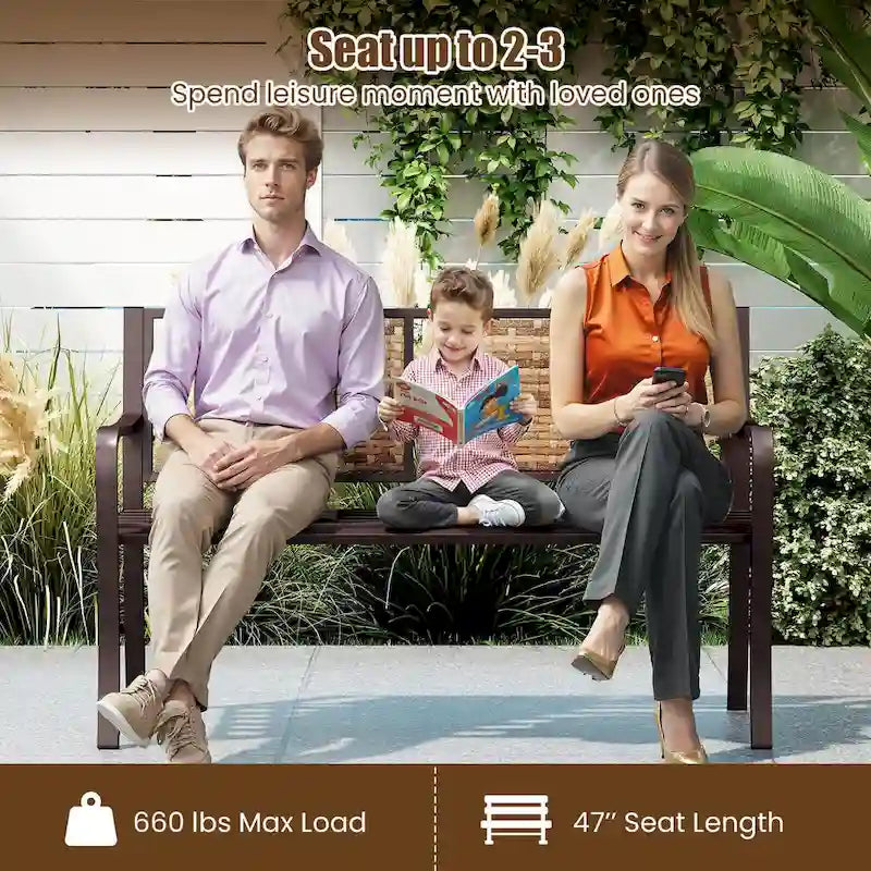 Costway Patio Garden Bench Steel Frame Rattan Backrest Park Yard - 21 x 51 x 33 (L x W x H)