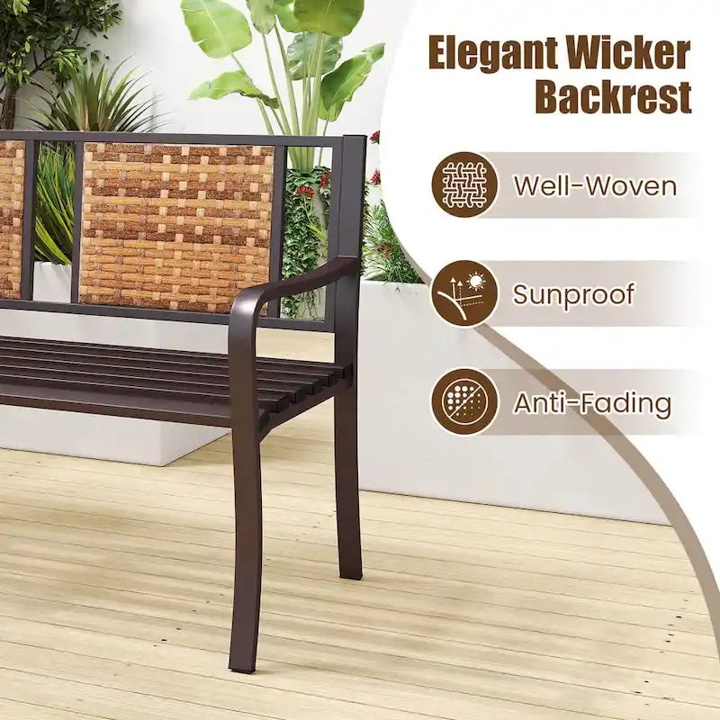 Costway Patio Garden Bench Steel Frame Rattan Backrest Park Yard - 21 x 51 x 33 (L x W x H)