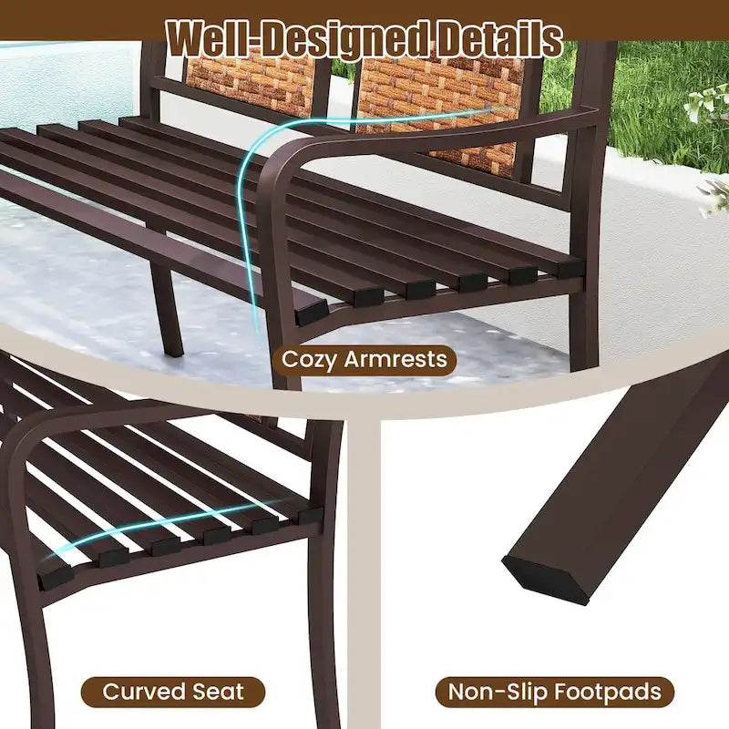 Costway Patio Garden Bench Steel Frame Rattan Backrest Park Yard - 21 x 51 x 33 (L x W x H)