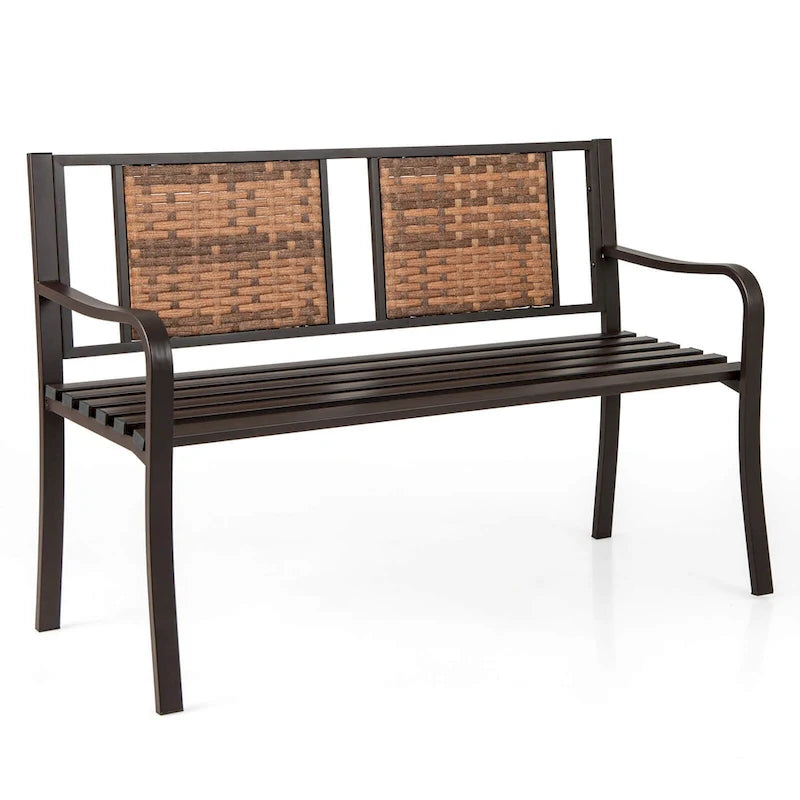 Costway Patio Garden Bench Steel Frame Rattan Backrest Park Yard - 21 x 51 x 33 (L x W x H)