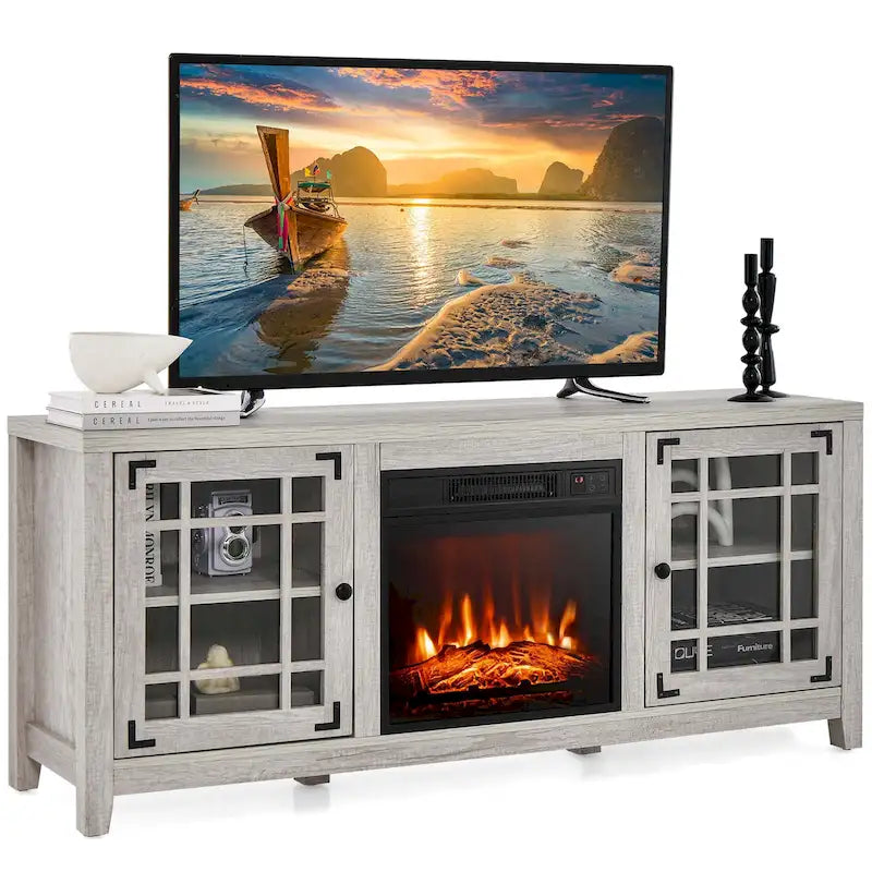 Meuble TV Costway de 58 pouces avec foyer électrique pour téléviseurs jusqu'à 65 pouces - 58 x 16 x 25