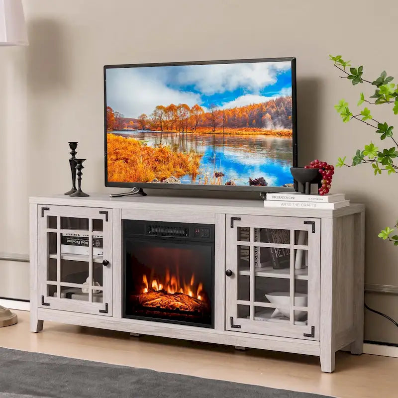 Meuble TV Costway de 58 pouces avec foyer électrique pour téléviseurs jusqu'à 65 pouces - 58 x 16 x 25